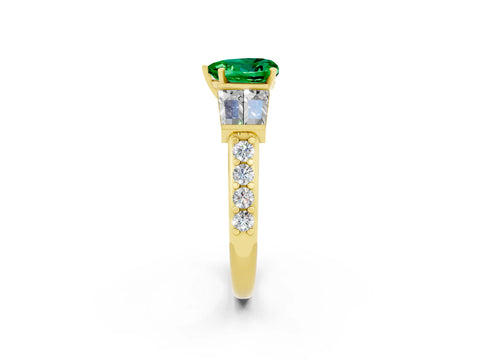 Yellow gold Heart Cut Emerald Engagement Ring with Baguette Side Stones and Channel Set Band_2