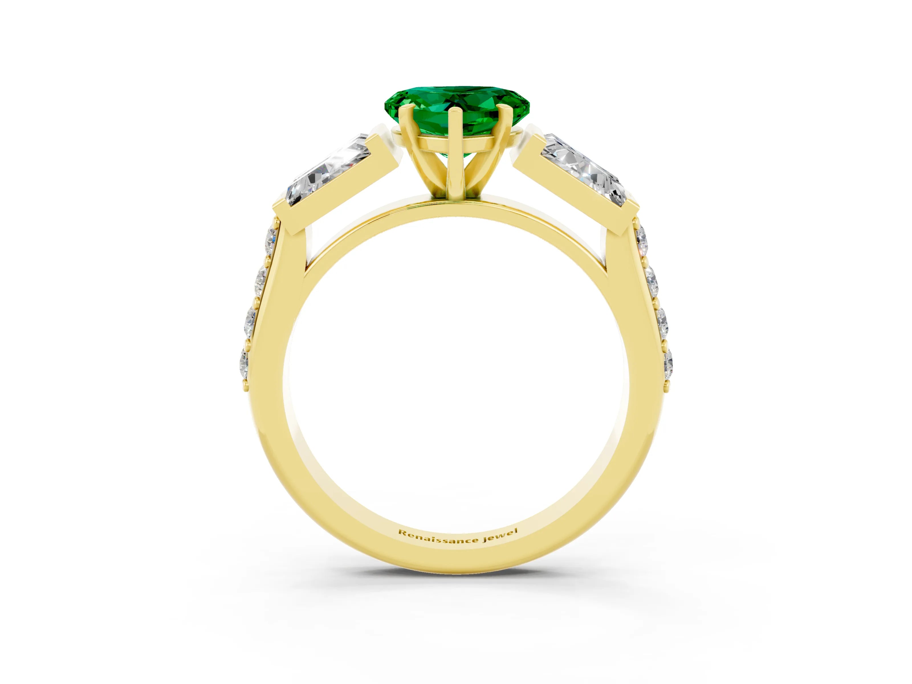Yellow gold Heart Cut Emerald Engagement Ring with Baguette Side Stones and Channel Set Band_3