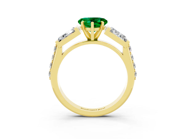 Yellow gold Heart Cut Emerald Engagement Ring with Baguette Side Stones and Channel Set Band