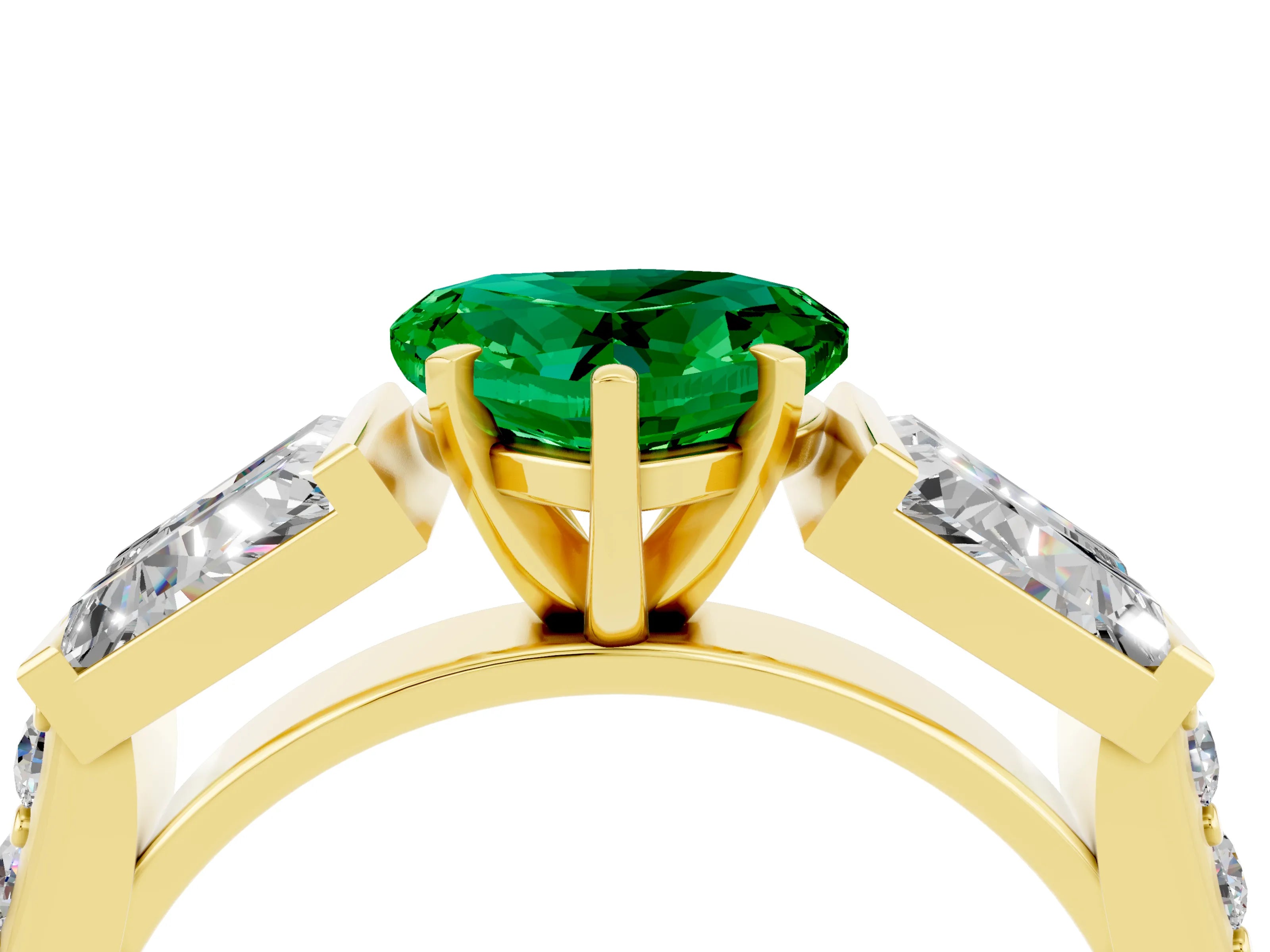 Yellow gold Heart Cut Emerald Engagement Ring with Baguette Side Stones and Channel Set Band_4
