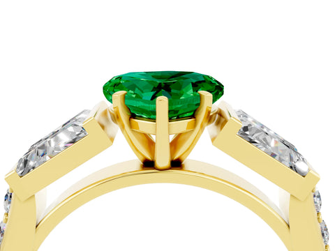 Yellow gold Heart Cut Emerald Engagement Ring with Baguette Side Stones and Channel Set Band_4