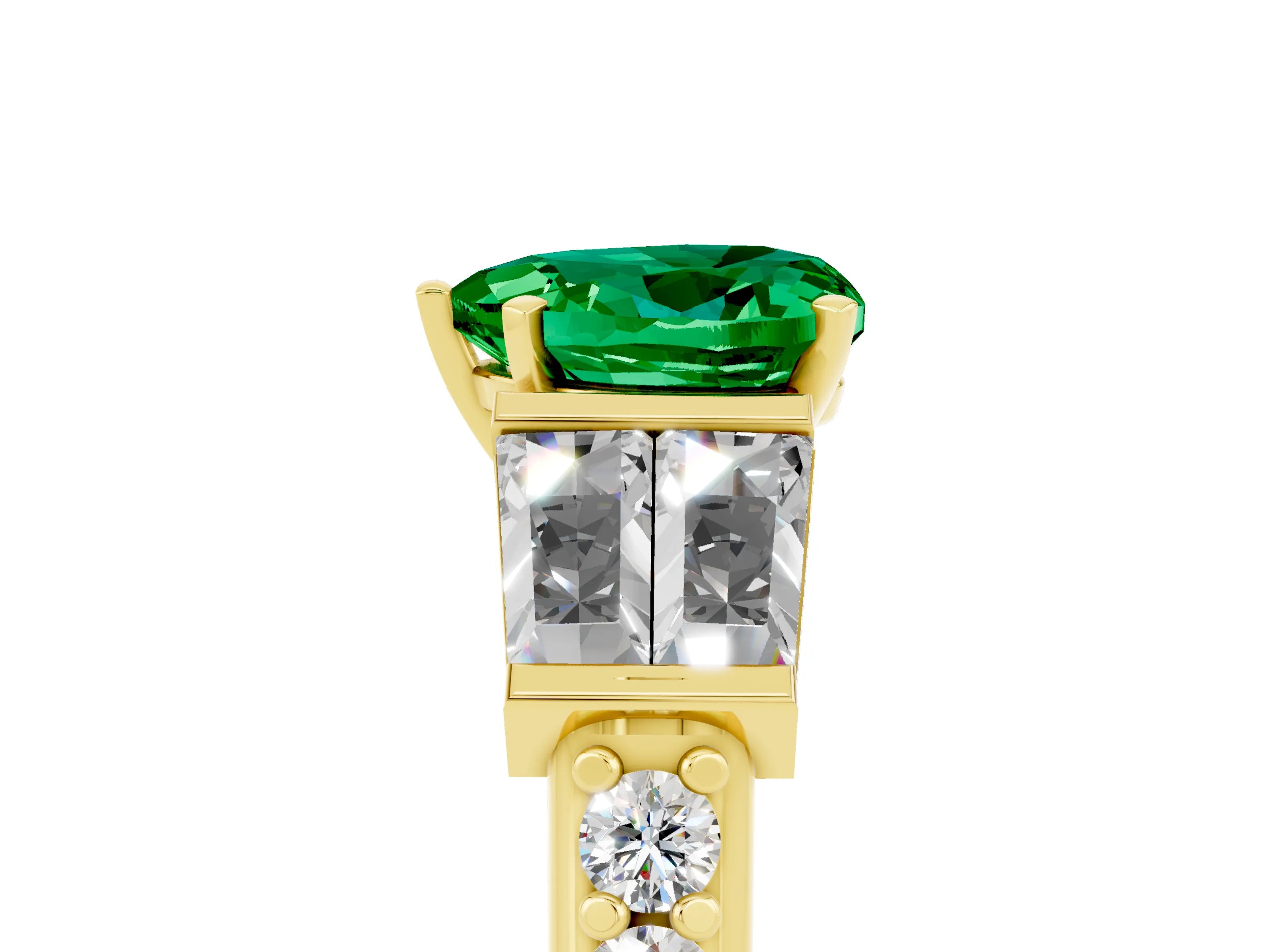Yellow gold Heart Cut Emerald Engagement Ring with Baguette Side Stones and Channel Set Band_5