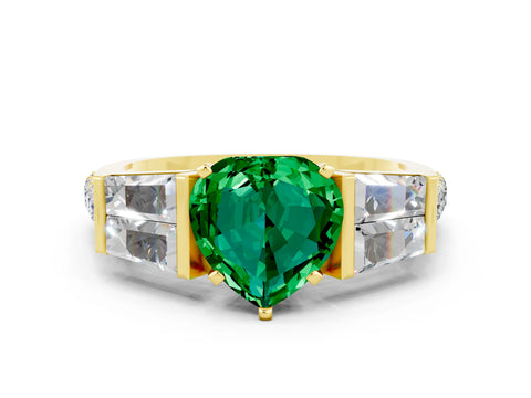 Yellow gold Heart Cut Emerald Engagement Ring with Baguette Side Stones and Channel Set Band