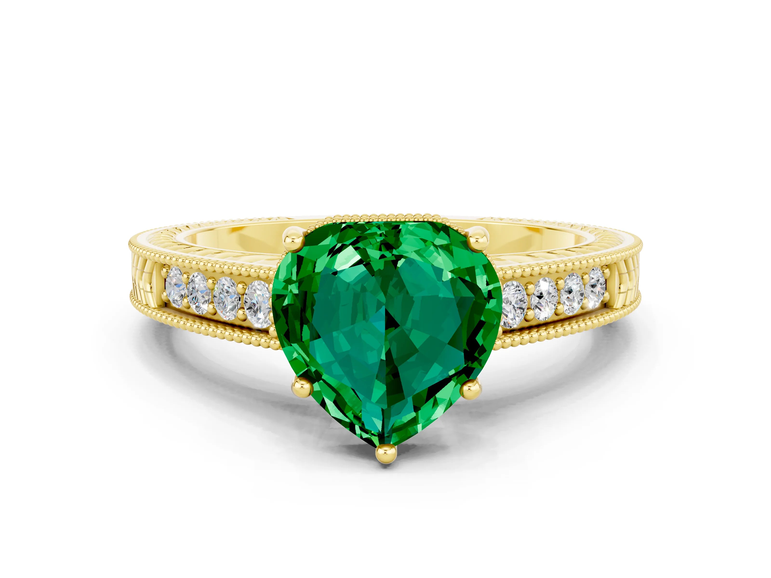 Yellow gold Heart Cut Emerald Engagement Ring with Milgrain Channel Set Band and Prong Setting