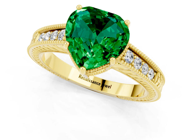 Yellow gold Heart Cut Emerald Engagement Ring with Milgrain Channel Set Band and Prong Setting
