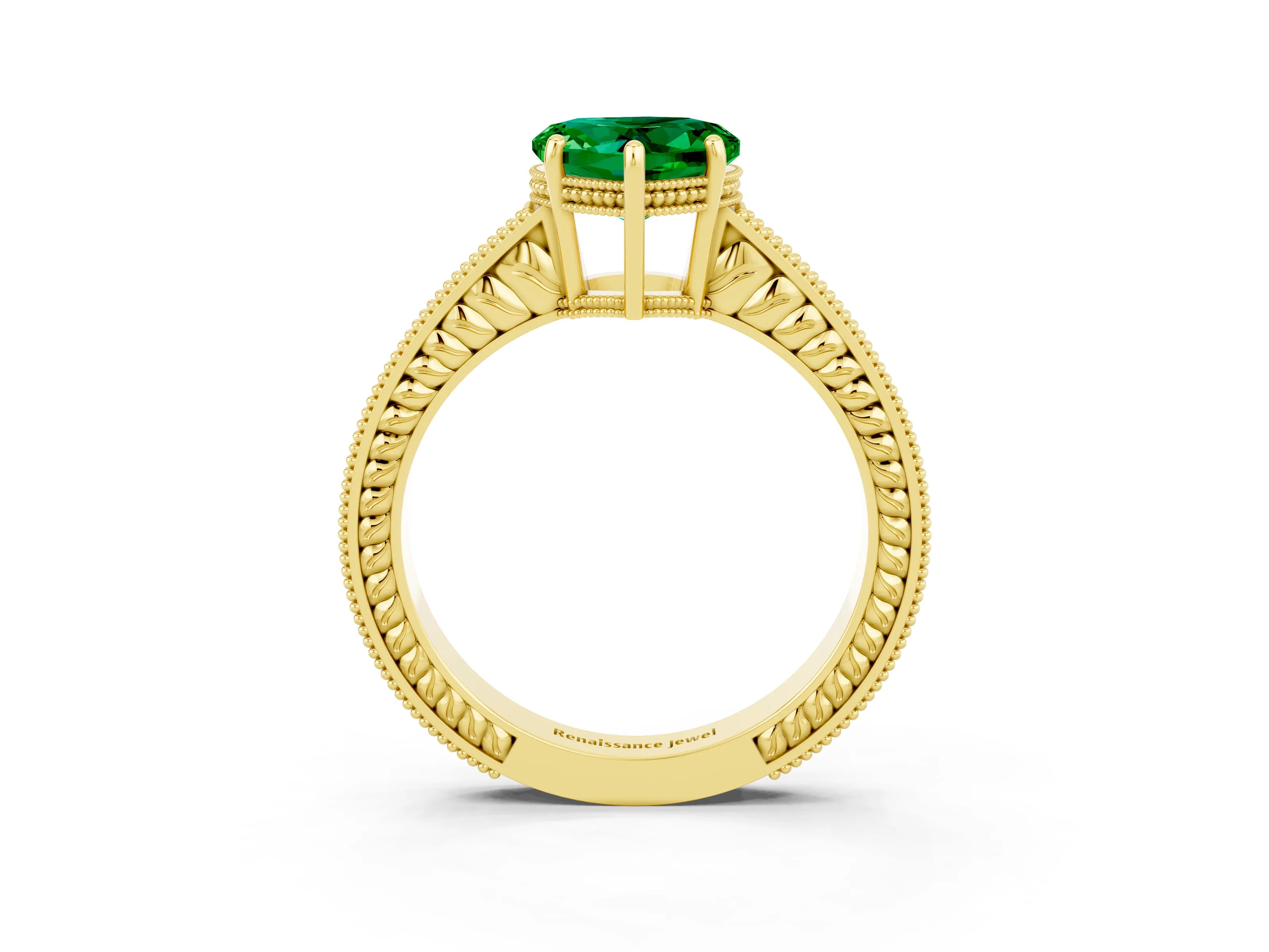 Yellow gold Heart Cut Emerald Engagement Ring with Milgrain Channel Set Band and Prong Setting_3