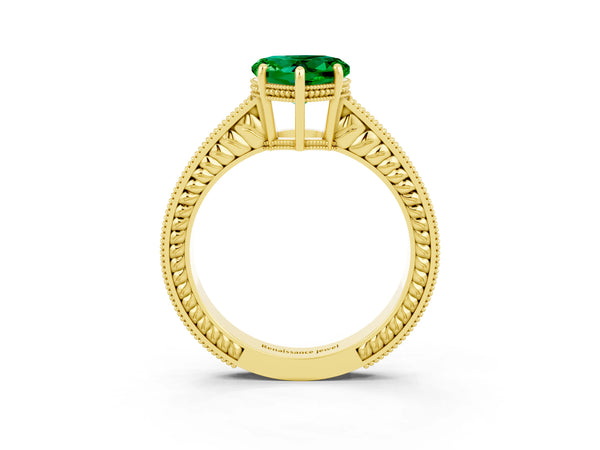 Yellow gold Heart Cut Emerald Engagement Ring with Milgrain Channel Set Band and Prong Setting