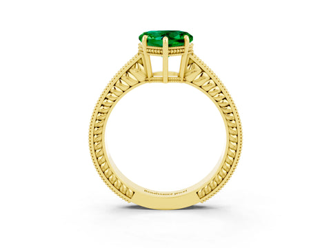 Yellow gold Heart Cut Emerald Engagement Ring with Milgrain Channel Set Band and Prong Setting_3