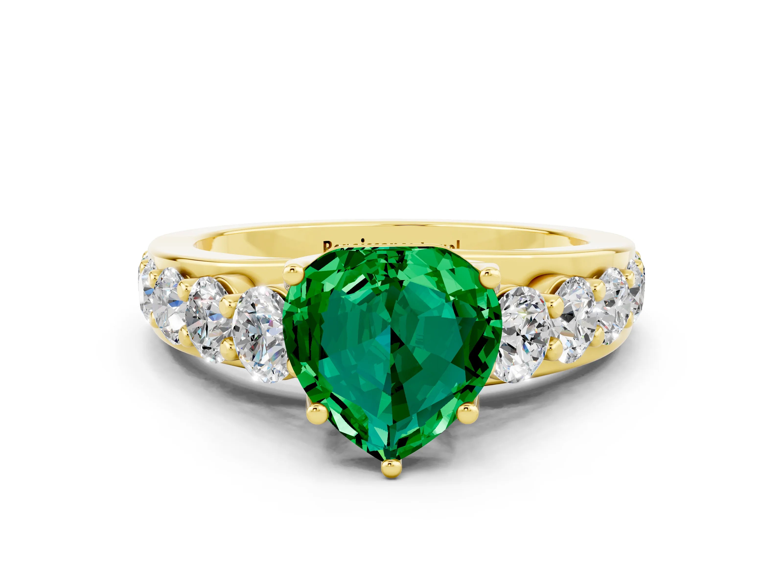 Yellow gold Heart Cut Emerald Engagement Ring with Pavé Band and Four-Prong Setting