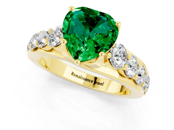 Yellow gold Heart Cut Emerald Engagement Ring with Pavé Band and Four-Prong Setting