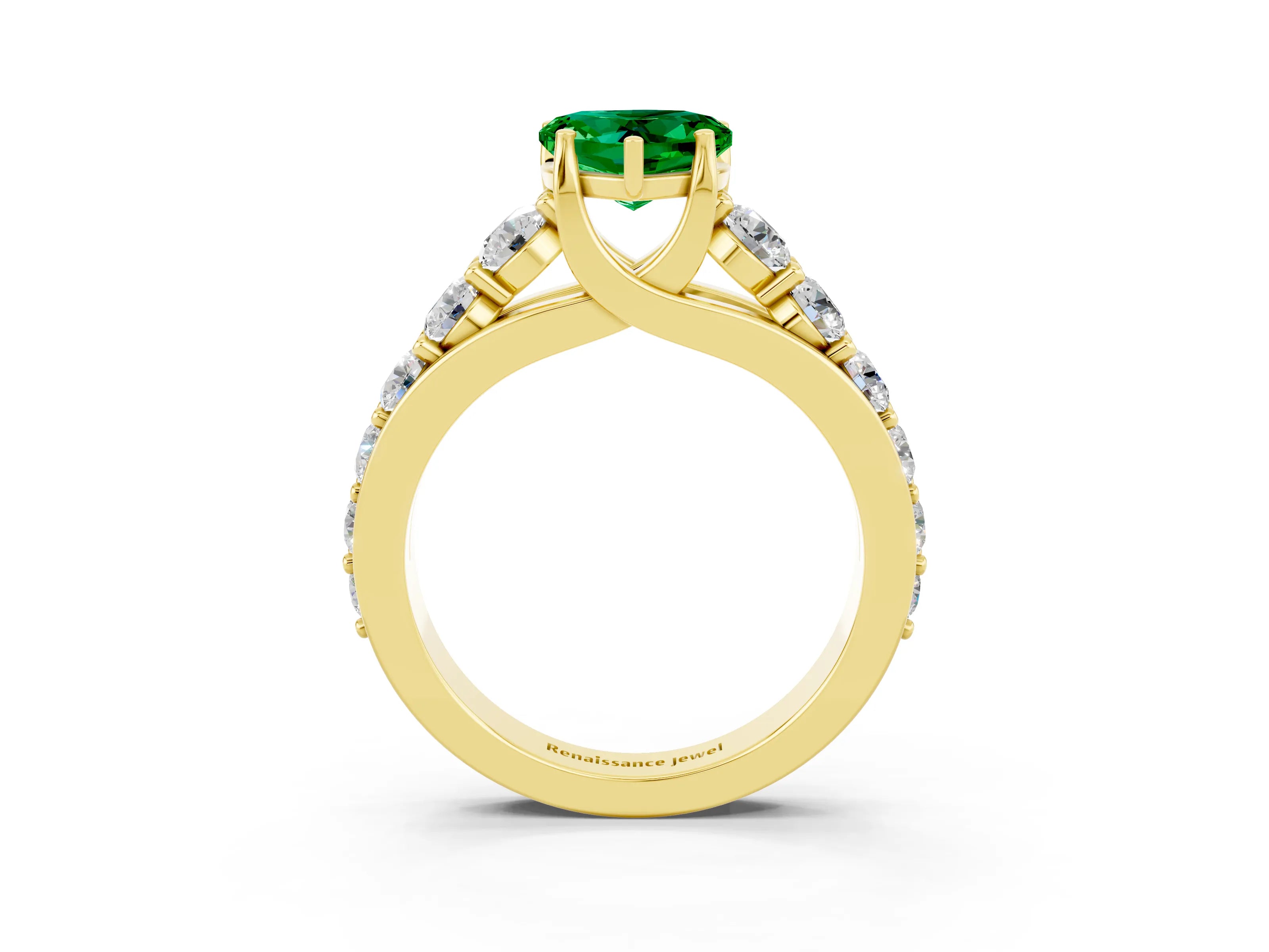 Yellow gold Heart Cut Emerald Engagement Ring with Pavé Band and Four-Prong Setting_3