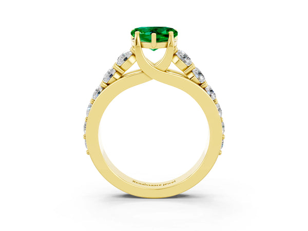 Yellow gold Heart Cut Emerald Engagement Ring with Pavé Band and Four-Prong Setting