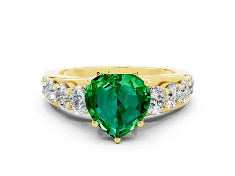 Yellow gold Heart Cut Emerald Engagement Ring with Pavé Band and Four-Prong Setting