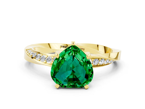 Yellow gold Heart Cut Emerald Engagement Ring with Side Stone Accents and Four-Prong Setting