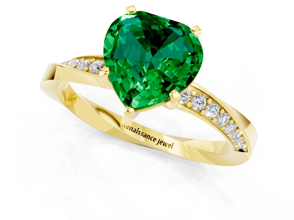 Yellow gold Heart Cut Emerald Engagement Ring with Side Stone Accents and Four-Prong Setting