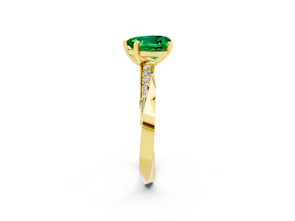 Yellow gold Heart Cut Emerald Engagement Ring with Side Stone Accents and Four-Prong Setting