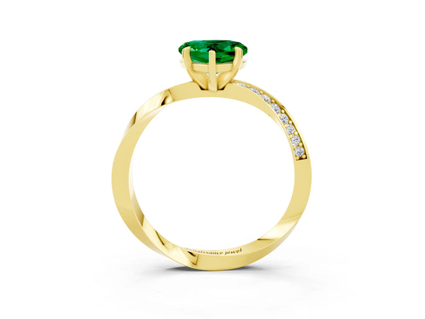 Yellow gold Heart Cut Emerald Engagement Ring with Side Stone Accents and Four-Prong Setting