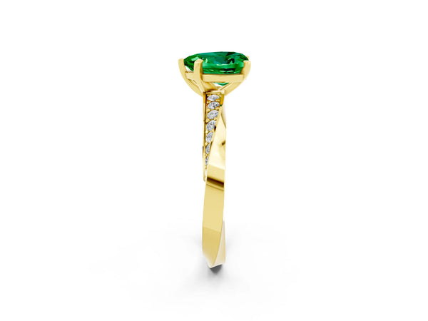 Yellow gold Heart Cut Emerald Engagement Ring with Side Stone Accents and Four-Prong Setting
