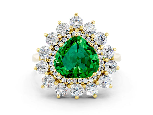 Yellow gold Heart Cut Emerald Floral Double Halo Engagement Ring with Prong Setting