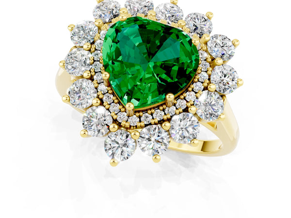 Yellow gold Heart Cut Emerald Floral Double Halo Engagement Ring with Prong Setting