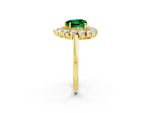 Yellow gold Heart Cut Emerald Floral Double Halo Engagement Ring with Prong Setting