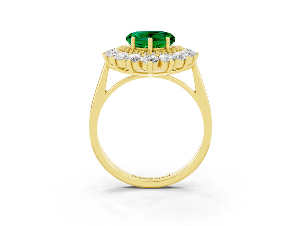 Yellow gold Heart Cut Emerald Floral Double Halo Engagement Ring with Prong Setting