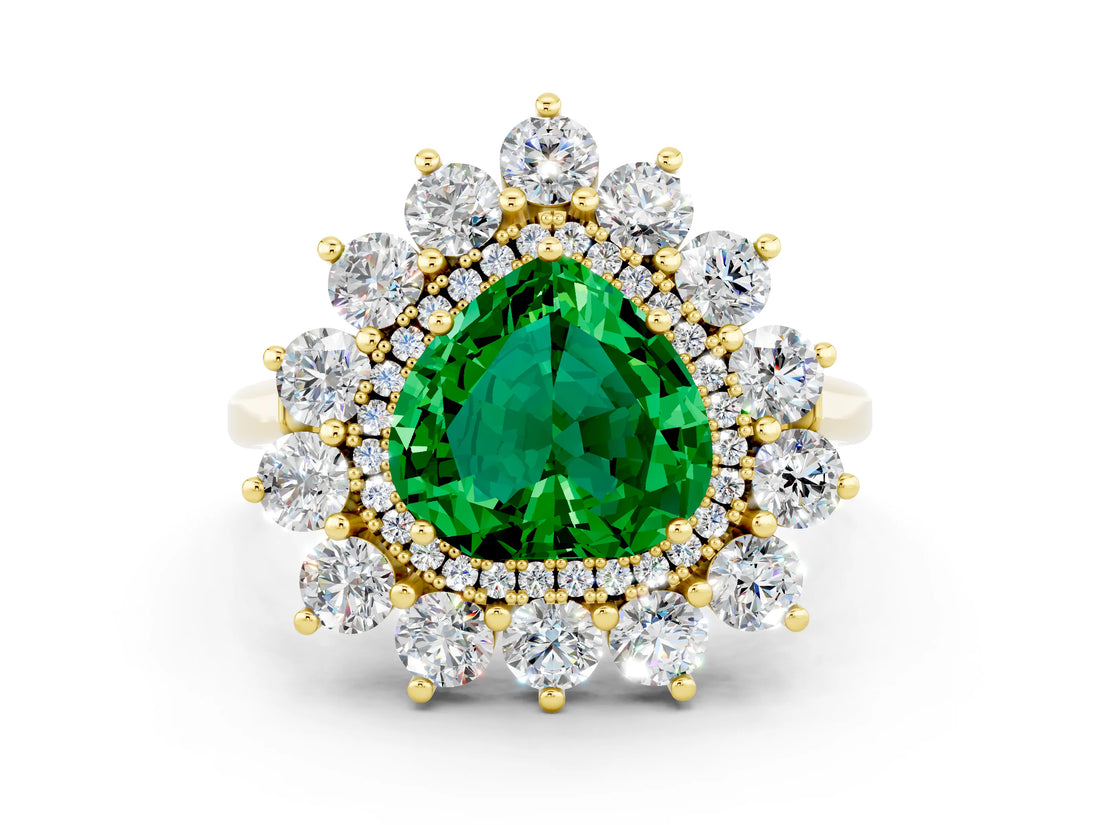 Yellow gold Heart Cut Emerald Floral Double Halo Engagement Ring with Prong Setting_60
