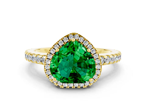 Yellow gold Heart Cut Emerald Halo Engagement Ring with Pavé Band and Prong Setting_12