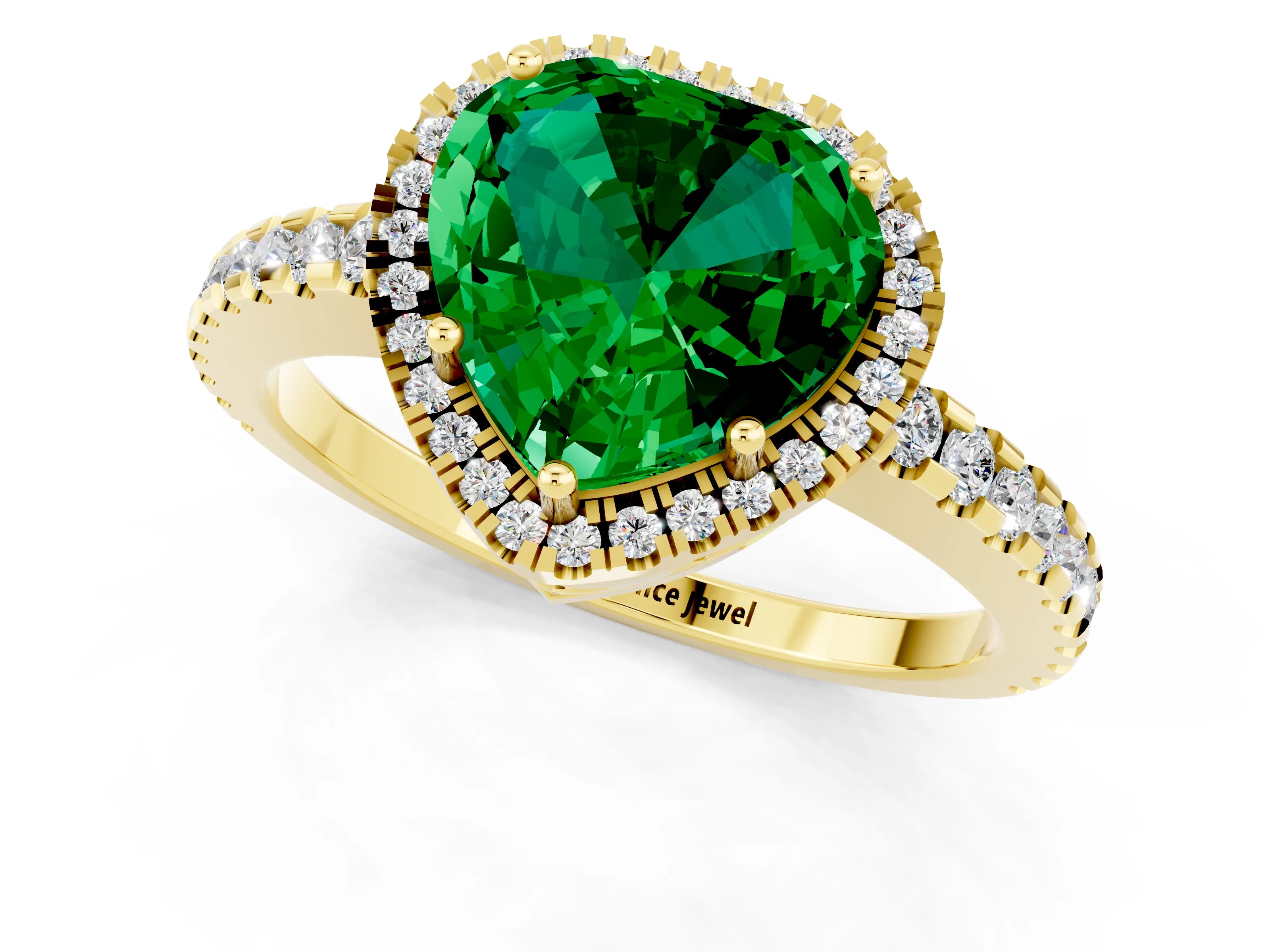 Yellow gold Heart Cut Emerald Halo Engagement Ring with Pavé Band and Prong Setting_13