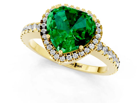 Yellow gold Heart Cut Emerald Halo Engagement Ring with Pavé Band and Prong Setting_13