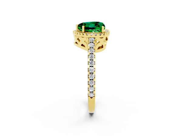 Yellow gold Heart Cut Emerald Halo Engagement Ring with Pavé Band and Prong Setting