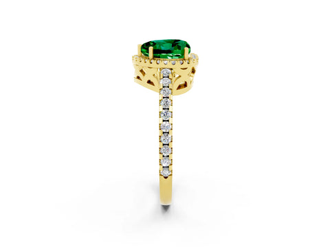 Yellow gold Heart Cut Emerald Halo Engagement Ring with Pavé Band and Prong Setting_14