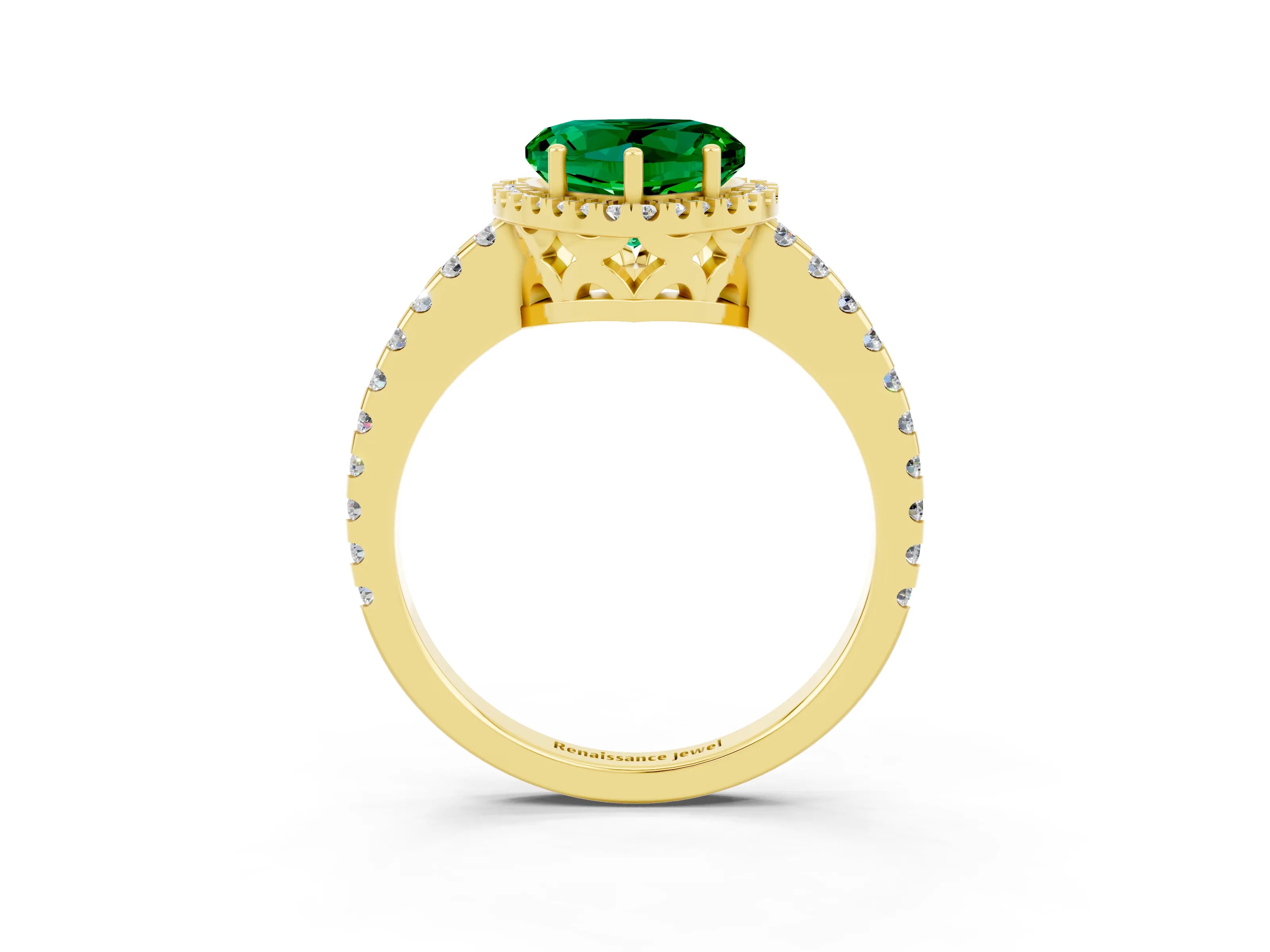 Yellow gold Heart Cut Emerald Halo Engagement Ring with Pavé Band and Prong Setting_15