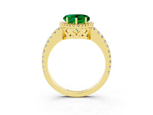Yellow gold Heart Cut Emerald Halo Engagement Ring with Pavé Band and Prong Setting