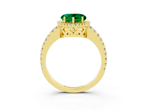 Yellow gold Heart Cut Emerald Halo Engagement Ring with Pavé Band and Prong Setting_15