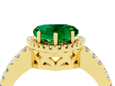 Yellow gold Heart Cut Emerald Halo Engagement Ring with Pavé Band and Prong Setting_16
