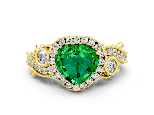 Yellow gold Heart Cut Emerald Halo Ring with Milgrain Pavé Band and Four-Prong Setting