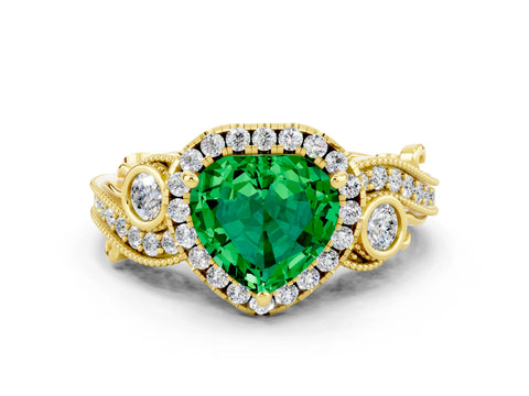 Yellow gold Heart Cut Emerald Halo Ring with Milgrain Pavé Band and Four-Prong Setting_12
