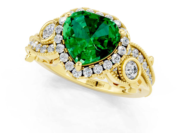 Yellow gold Heart Cut Emerald Halo Ring with Milgrain Pavé Band and Four-Prong Setting