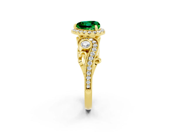 Yellow gold Heart Cut Emerald Halo Ring with Milgrain Pavé Band and Four-Prong Setting