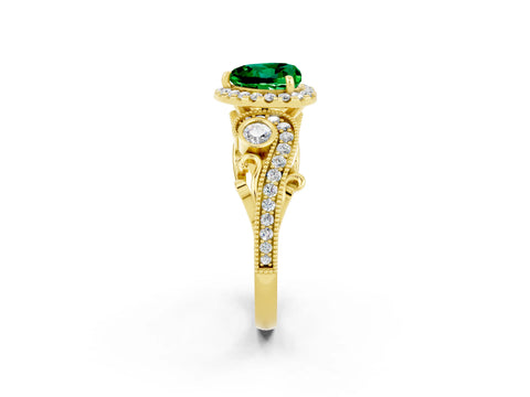 Yellow gold Heart Cut Emerald Halo Ring with Milgrain Pavé Band and Four-Prong Setting_14