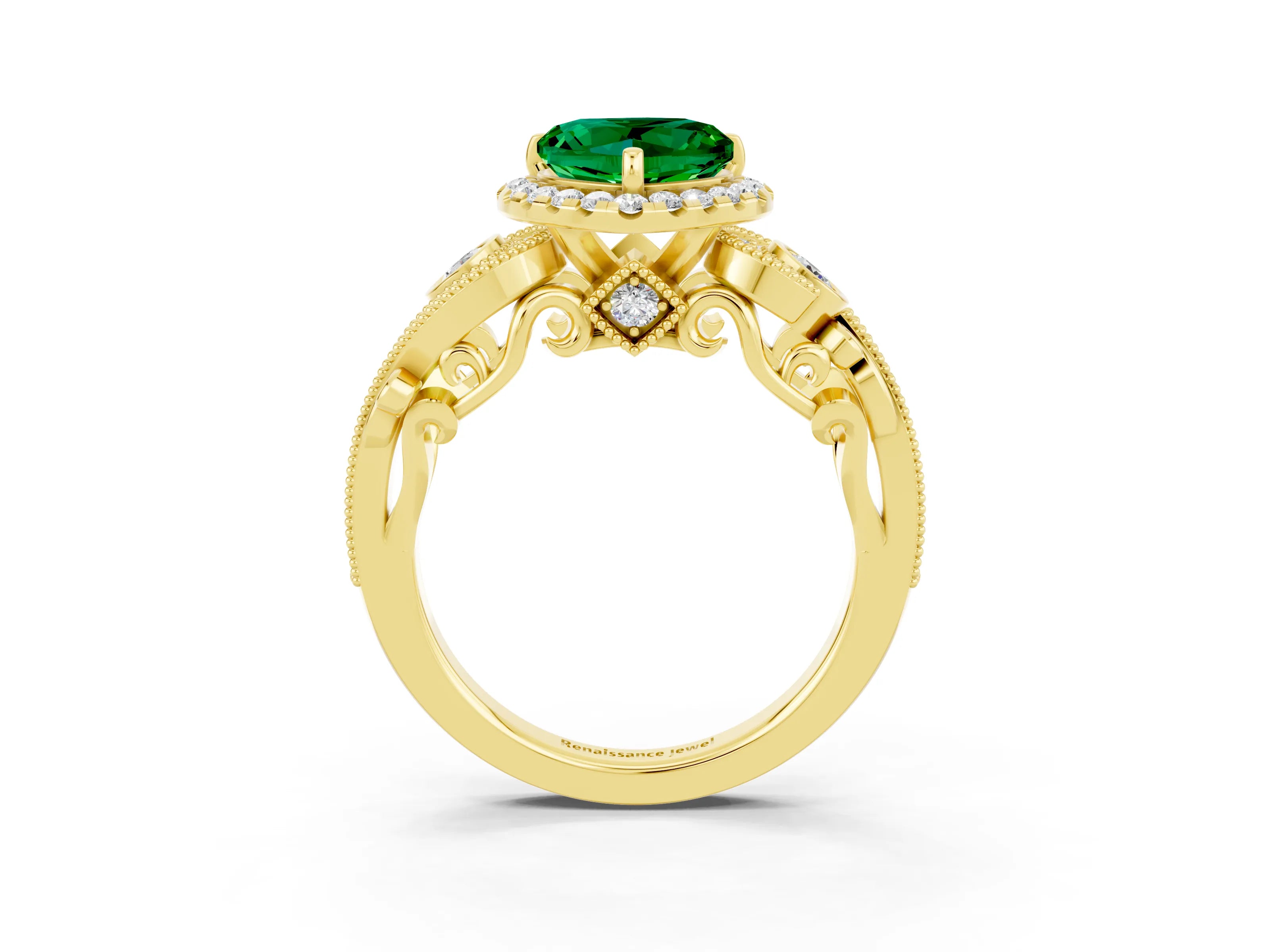 Yellow gold Heart Cut Emerald Halo Ring with Milgrain Pavé Band and Four-Prong Setting_15