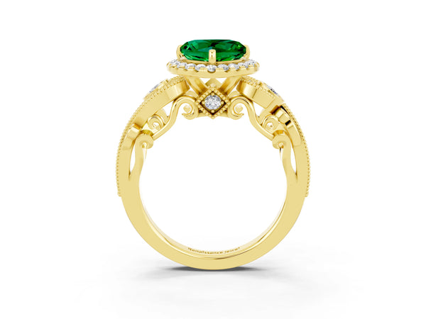 Yellow gold Heart Cut Emerald Halo Ring with Milgrain Pavé Band and Four-Prong Setting