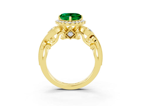 Yellow gold Heart Cut Emerald Halo Ring with Milgrain Pavé Band and Four-Prong Setting_15
