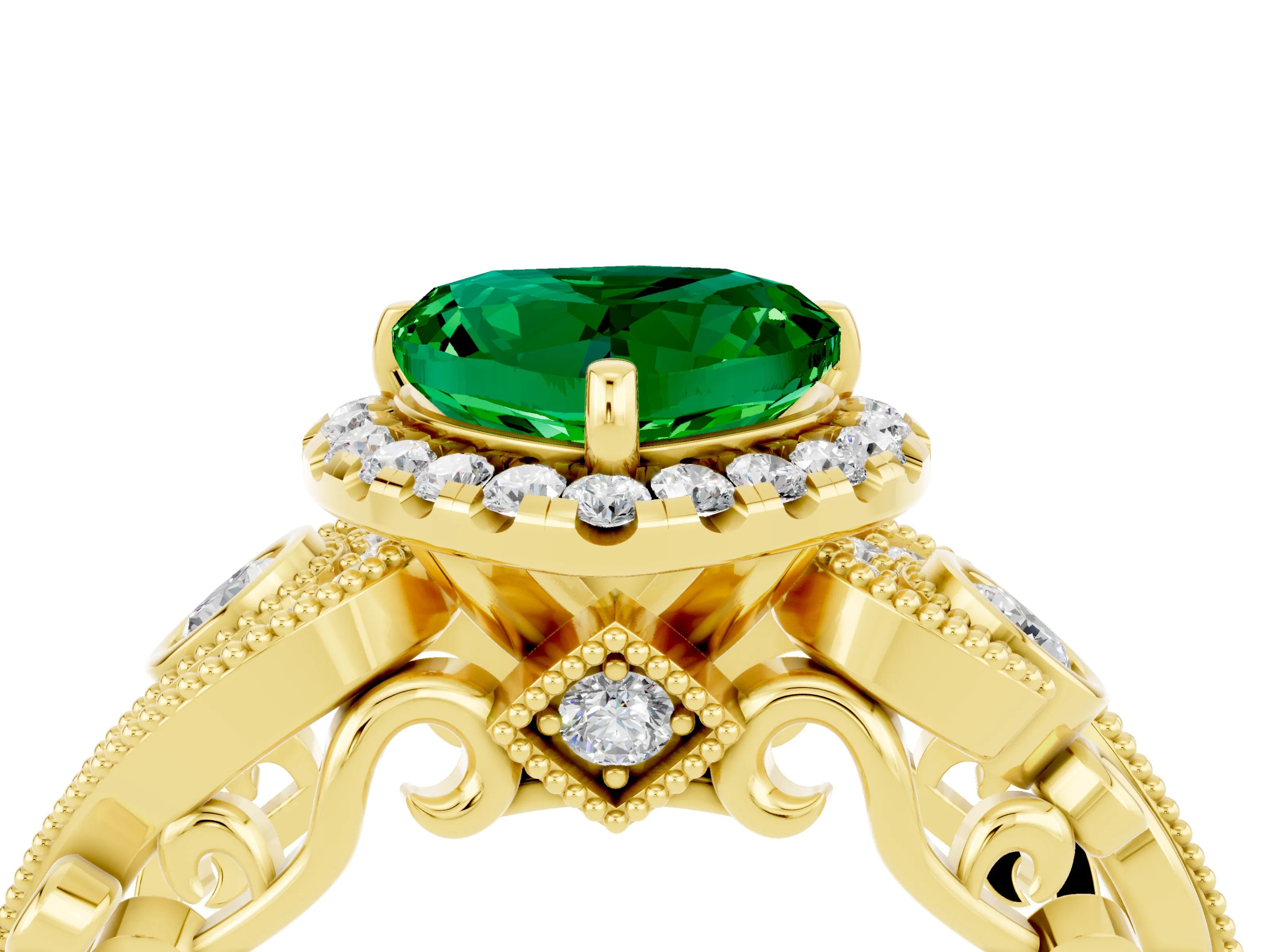 Yellow gold Heart Cut Emerald Halo Ring with Milgrain Pavé Band and Four-Prong Setting_16