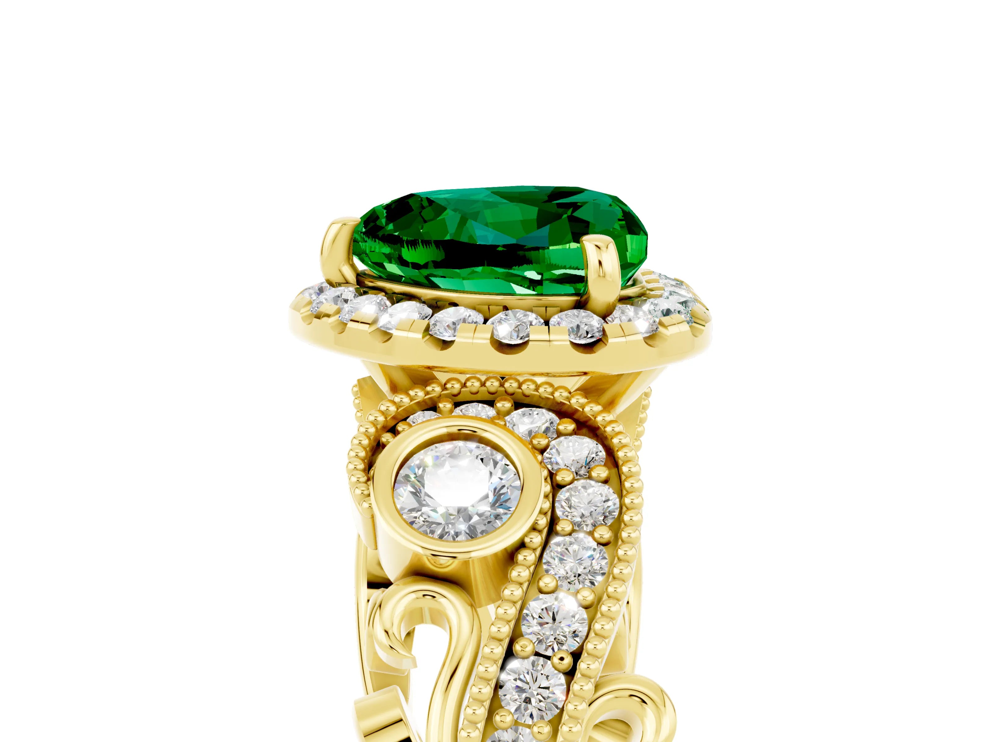 Yellow gold Heart Cut Emerald Halo Ring with Milgrain Pavé Band and Four-Prong Setting_17