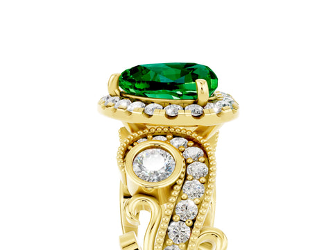 Yellow gold Heart Cut Emerald Halo Ring with Milgrain Pavé Band and Four-Prong Setting_17