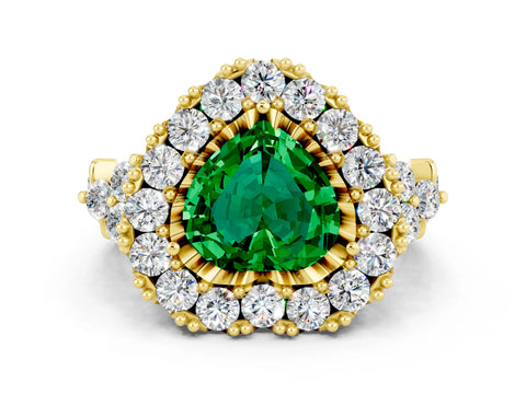 Yellow gold Heart Cut Emerald Halo Ring with Pavé Band and Four-Prong Setting_12