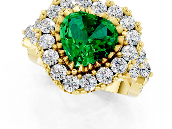 Yellow gold Heart Cut Emerald Halo Ring with Pavé Band and Four-Prong Setting