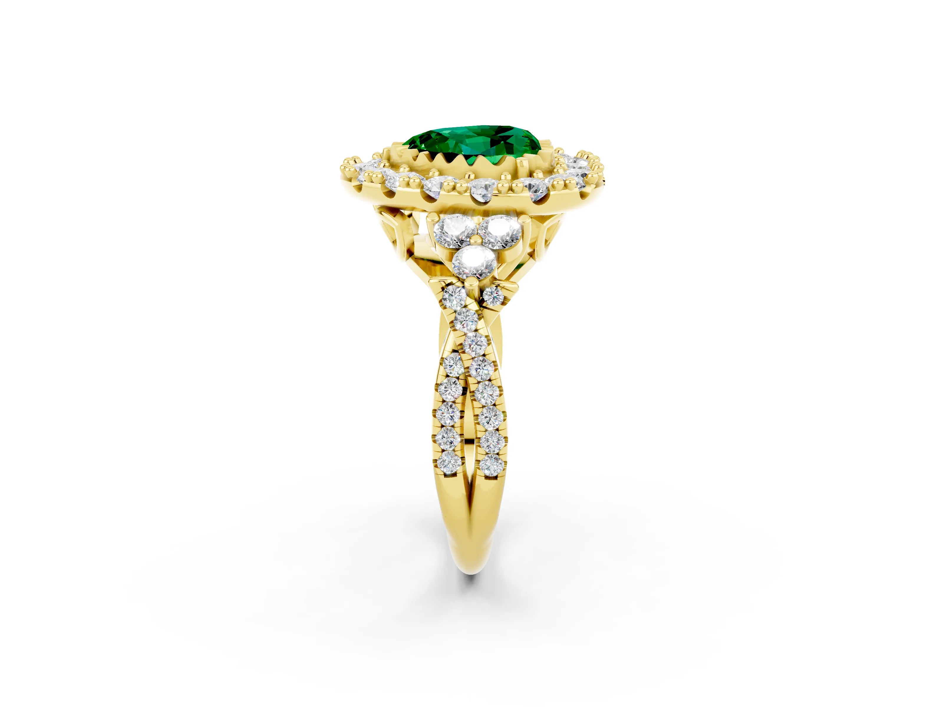 Yellow gold Heart Cut Emerald Halo Ring with Pavé Band and Four-Prong Setting_14